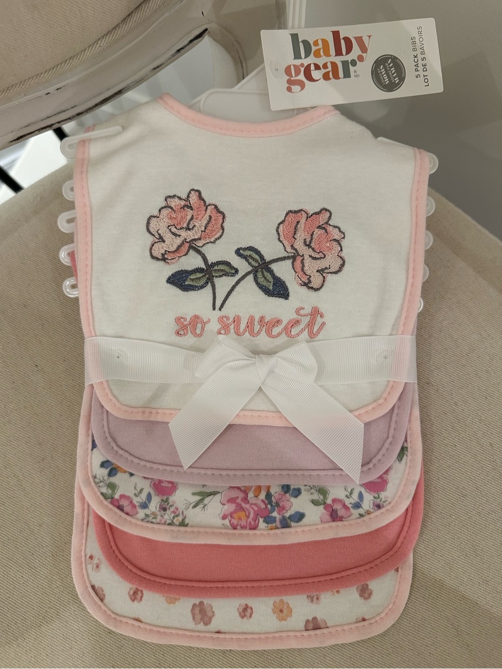 🦢 Adorable Baby Gear Pink & White Floral & Embroidery Bib Set - 5 Pack NWT